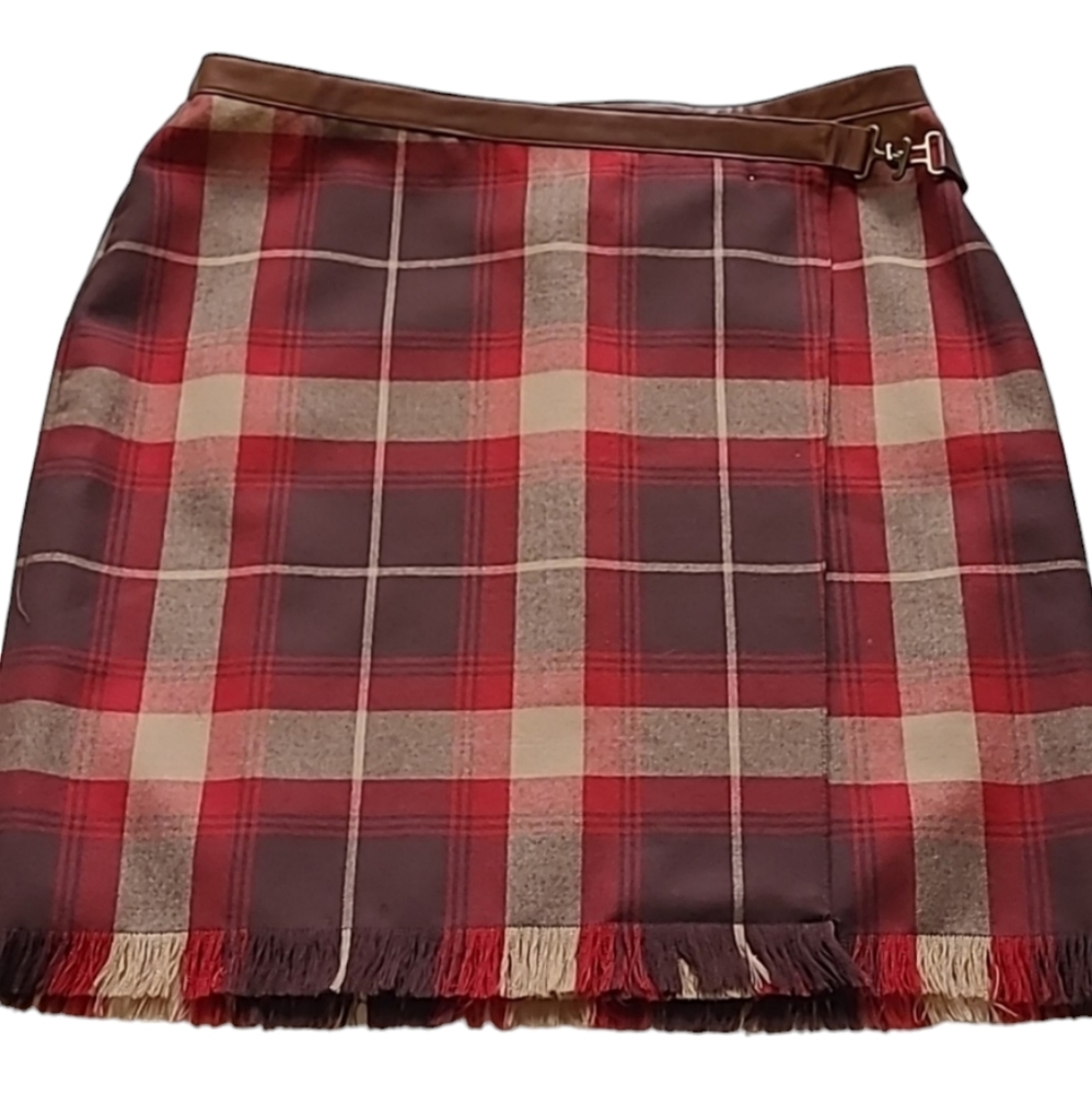 SZ12 Jones New York Brown and Red Herringbone Plaid Skirt Kilt